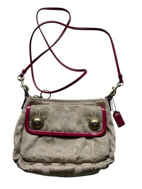 Coach Poppy Tan Signature Monogram Canvas Pink Trim Crossbody Bag